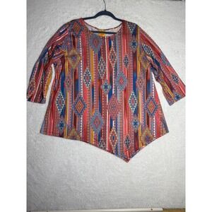 Ruby Rd Tunic Top Womens 1X Multi Color Excellent Asymmetrical Boho Rhinestone